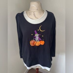 Vintage 90s White Stag Womens Halloween Top Cat Pumpkin Moon Graphic Size XL